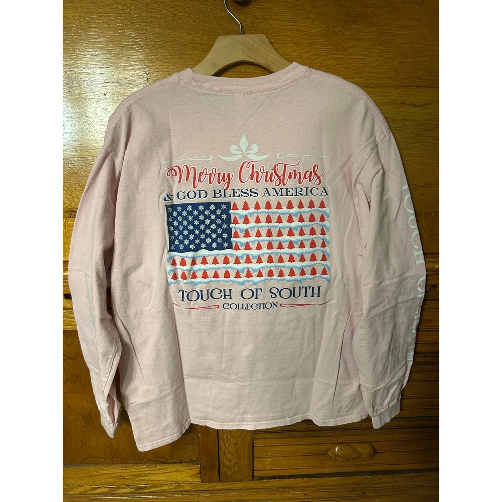 Touch of South Merry Christmas God Bless America Pink Long Sleeve Shirt Preppy